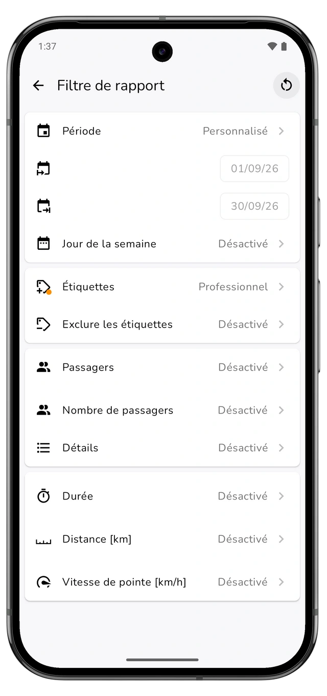 Filtre de rapport portant sur le mois civil précédent et l’étiquette professionnelle. (Android)
