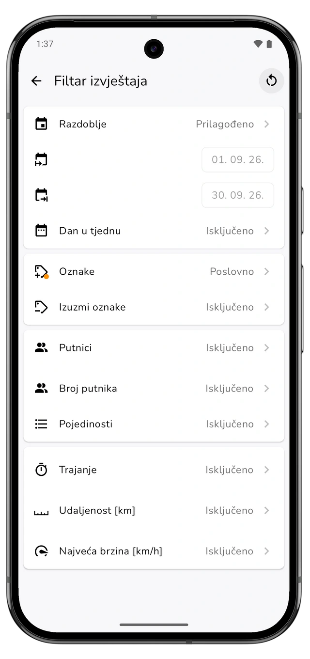 Filtar izvještaja s prethodnim kalendarskim mjesecom i poslovnom oznakom. (Android)
