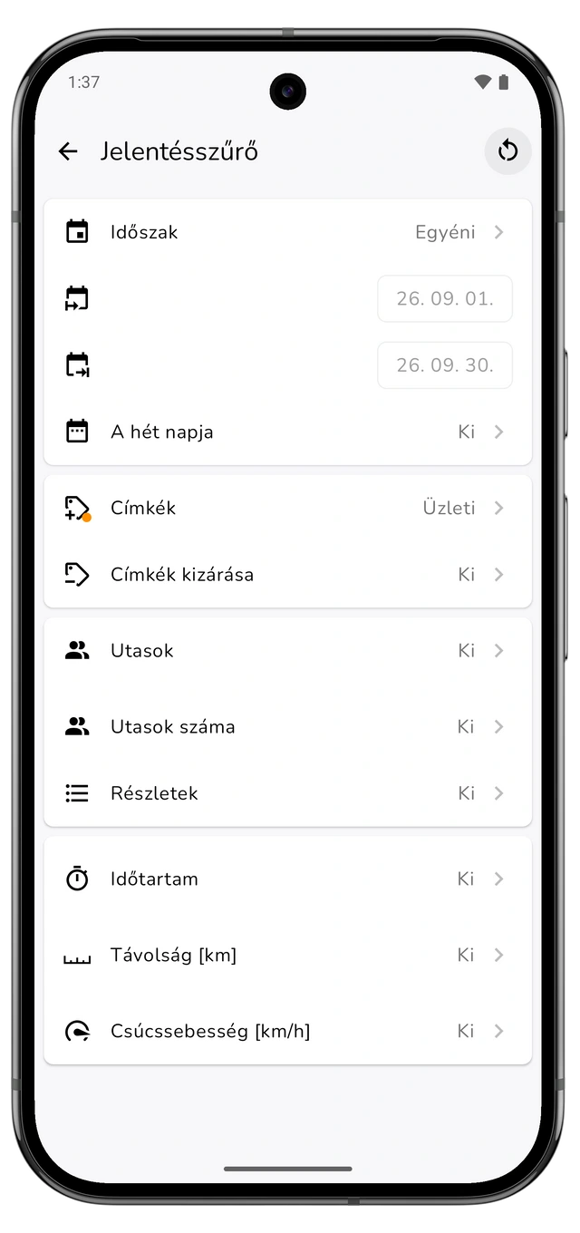Jelentésszűrő az előző naptári hónappal és az üzleti utak címkéjével. (Android)