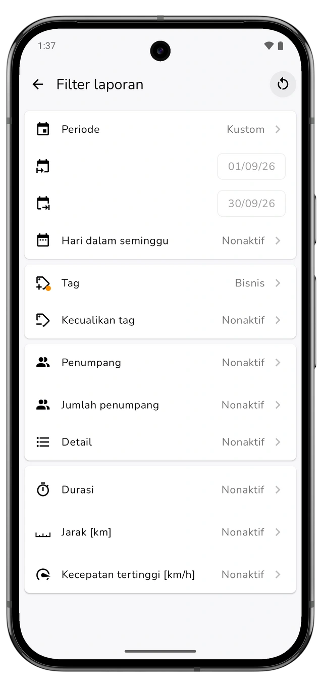 Filter laporan dengan bulan kalender sebelumnya dan tag Bisnis. (Android)