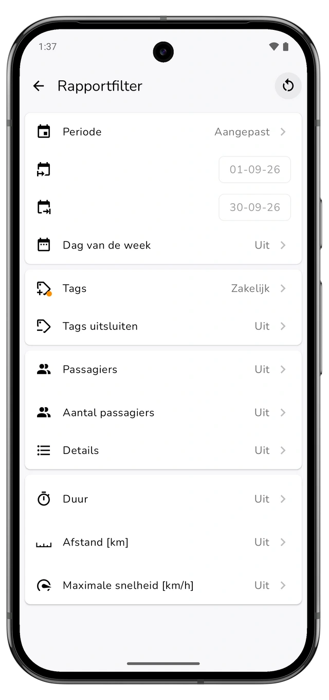 Rapportfilter met de vorige kalendermaand en een zakelijke tag geselecteerd. (Android)