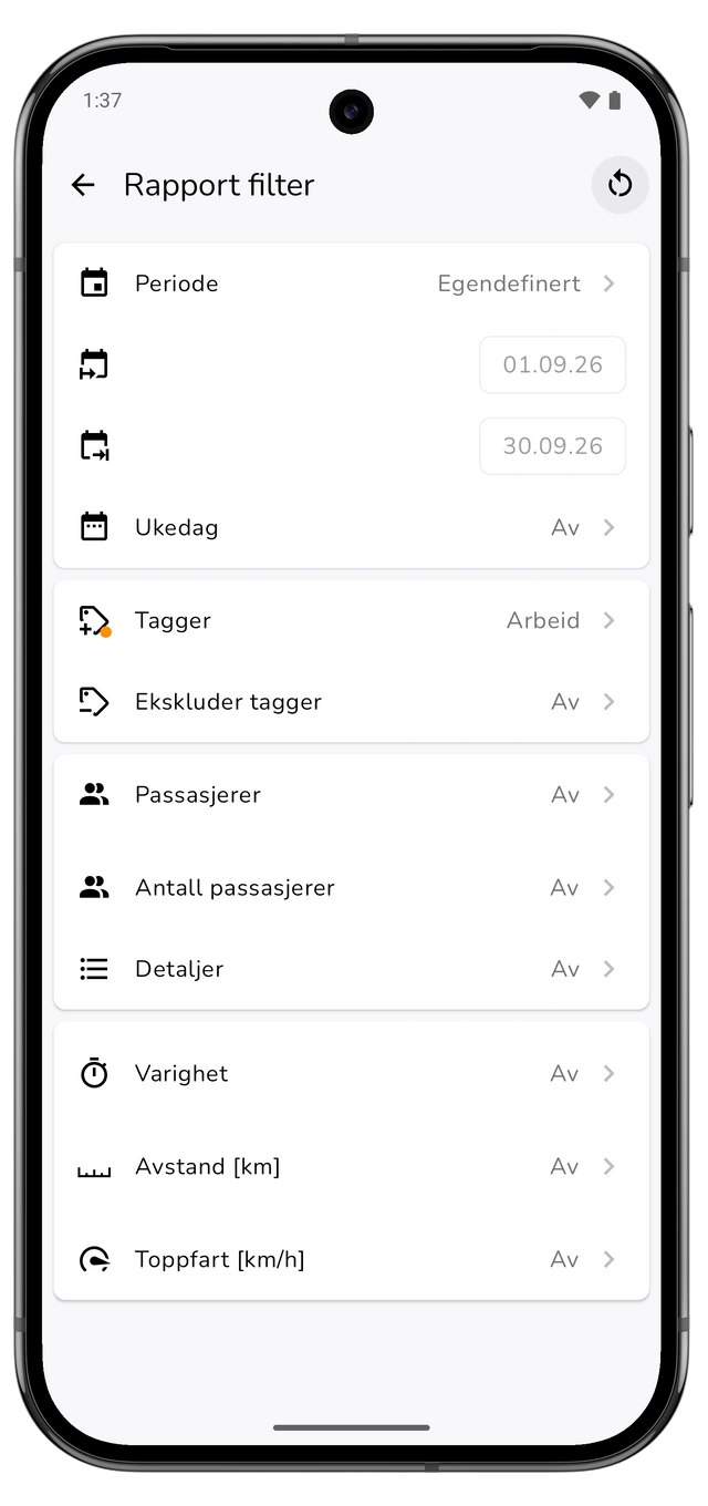 Rapportfilter med forrige kalendermåned og en jobbtagg valgt. (Android)