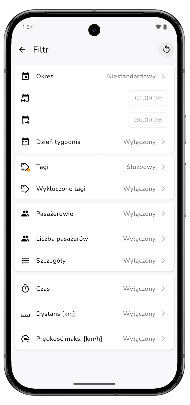 Filtr raportu z poprzednim miesiącem kalendarzowym i tagiem służbowym. (Android)