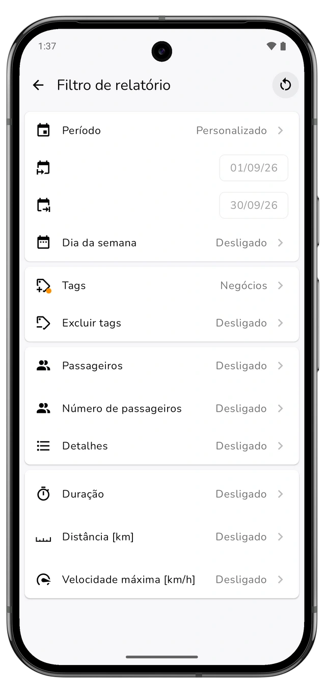 Filtro de relatório mostrando o mês anterior do calendário e a etiqueta profissional. (Android)