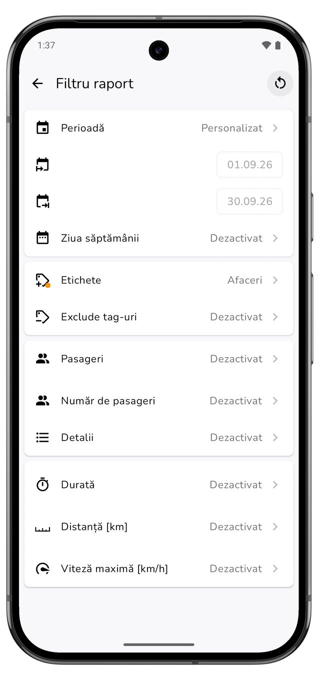 Filtrul raportului cu luna calendaristică anterioară și eticheta pentru călătorii de serviciu. (Android)