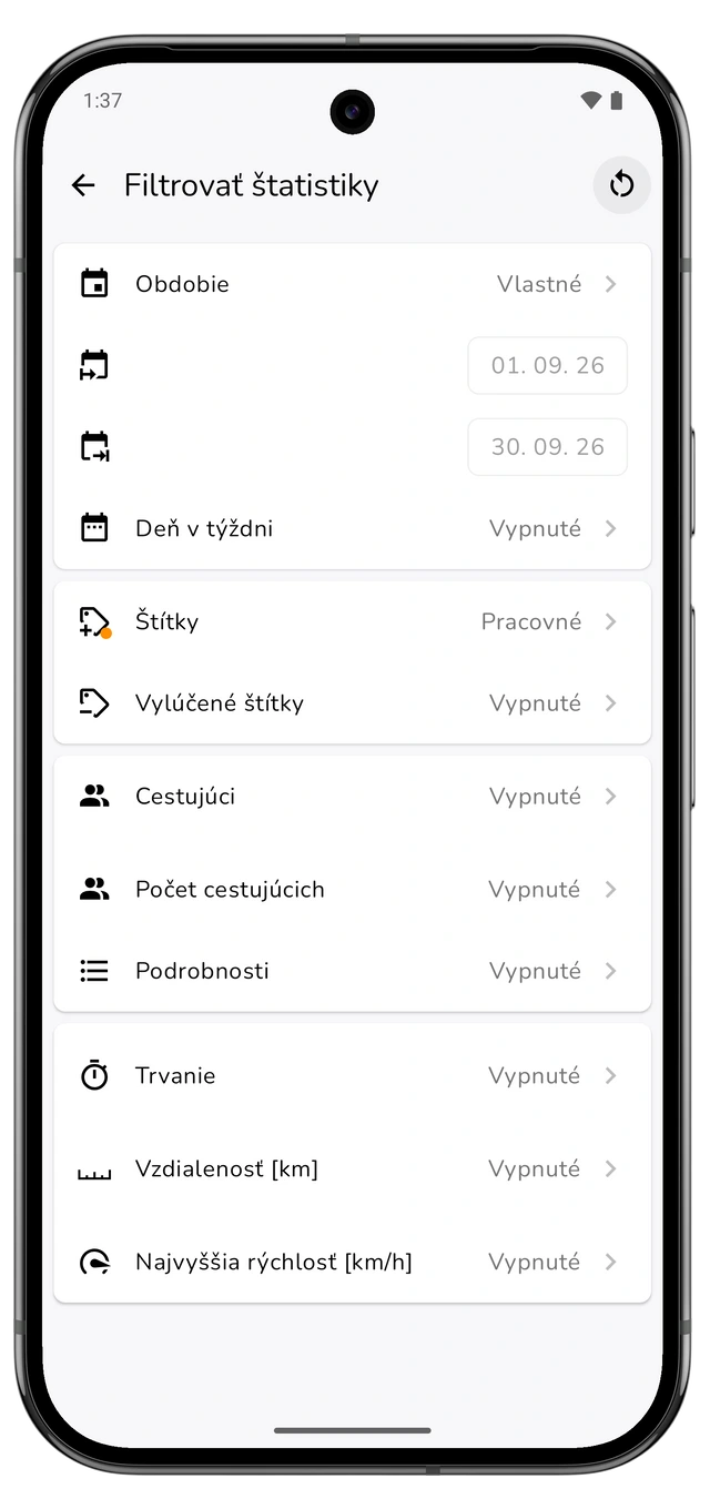 Filter výkazu s predchádzajúcim kalendárnym mesiacom a štítkom pracovných jázd. (Android)