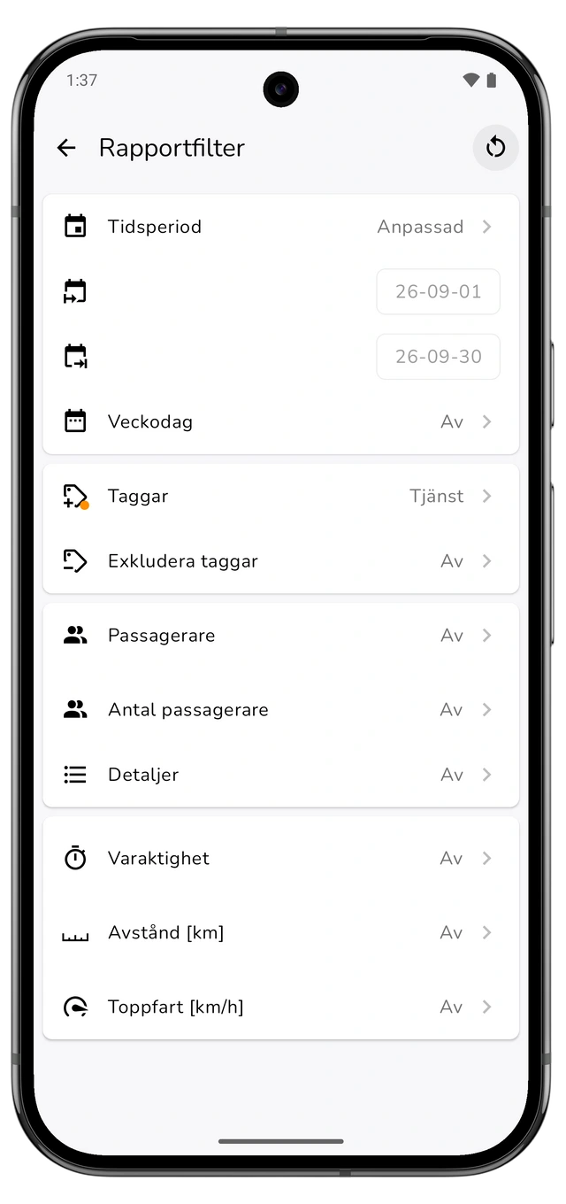 Rapportfilter med föregående kalendermånad och en tjänstetagg vald. (Android)