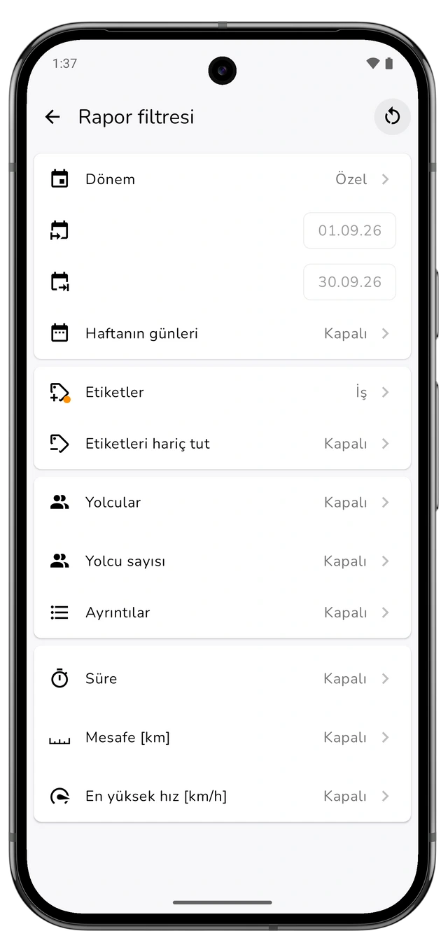 Önceki takvim ayını ve iş etiketini gösteren rapor filtresi. (Android)