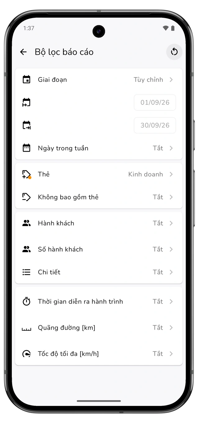 Bộ lọc báo cáo chọn tháng dương lịch trước và thẻ Kinh doanh. (Android)
