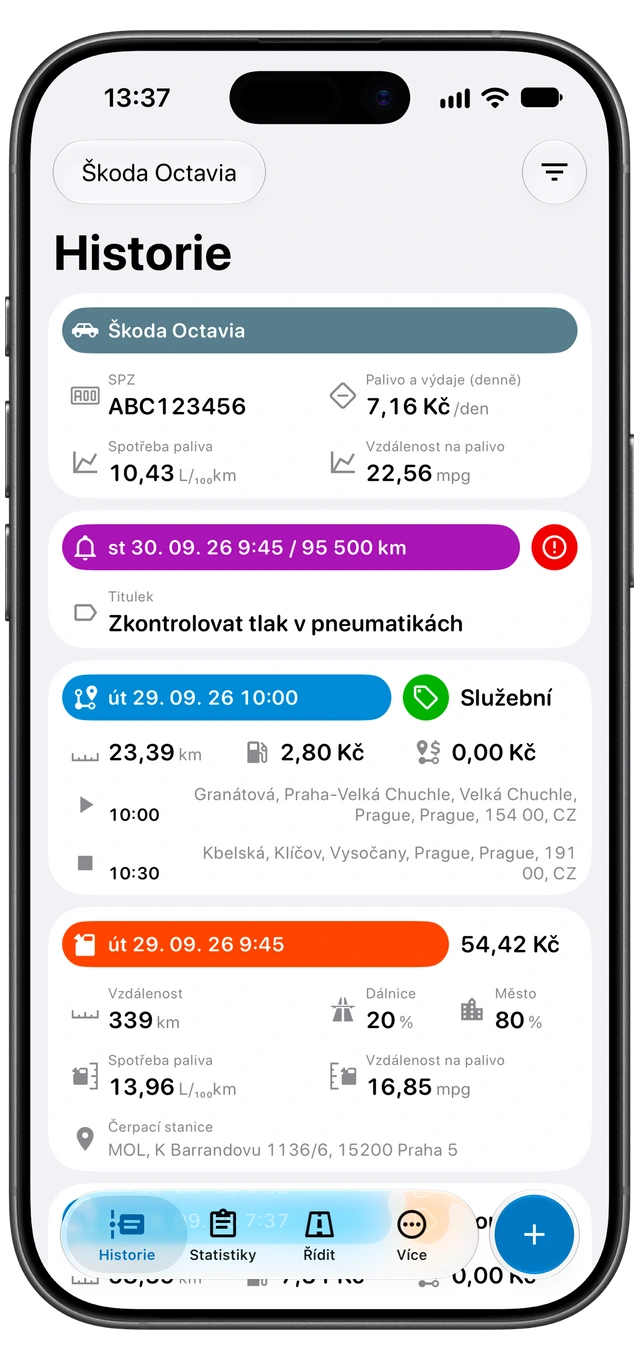 Historie Motologu se služebními a soukromými jízdami. (iOS)