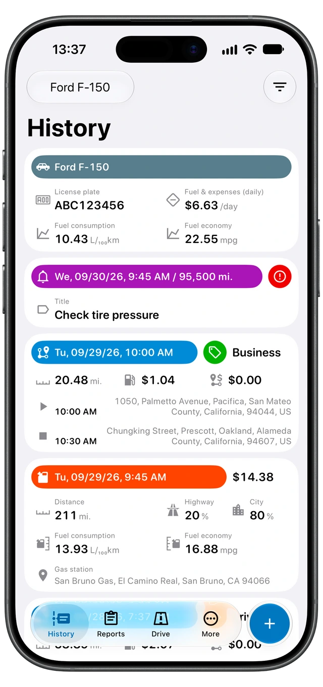 Motolog History with a vehicle selector, filter control, and saved trip entries. (iOS)
