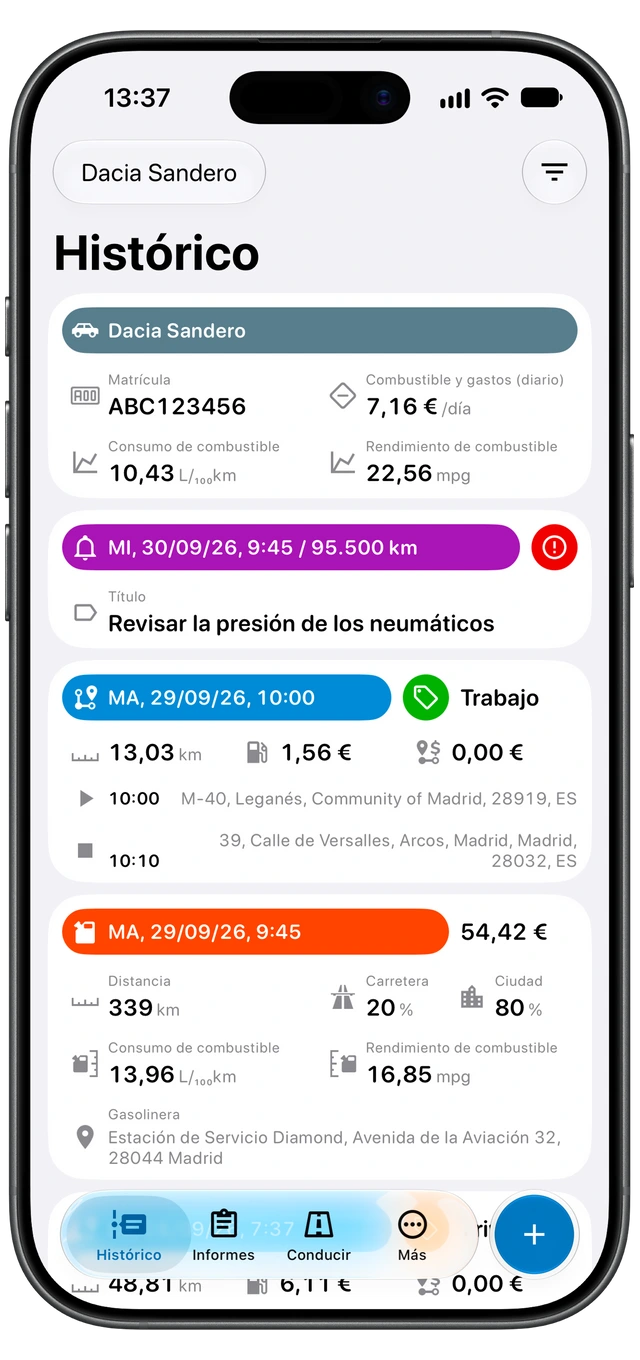 Historial de Motolog con viajes etiquetados como de trabajo y privados. (iOS)