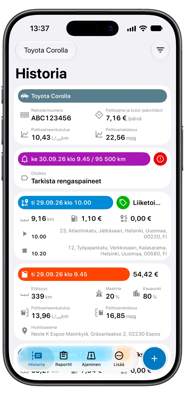 Motologin Historia, jossa matkoilla on työajon ja yksityisajon tunnisteita. (iOS)