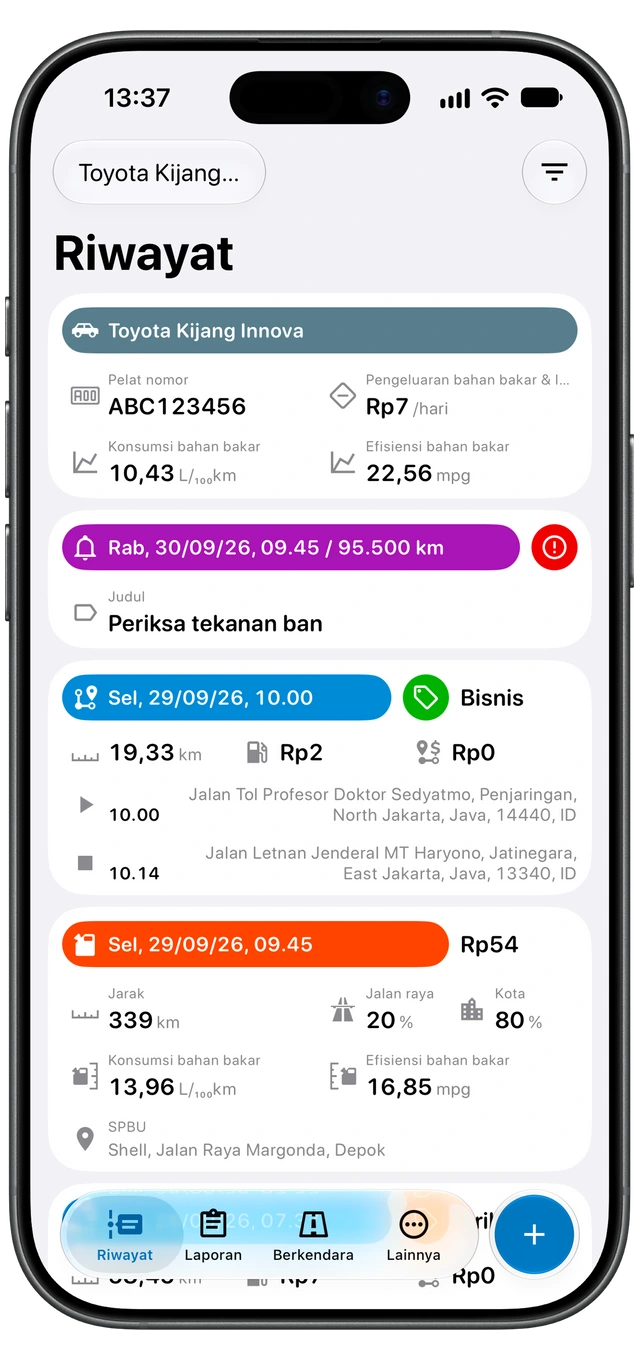 Riwayat Motolog menampilkan perjalanan bisnis dan pribadi. (iOS)