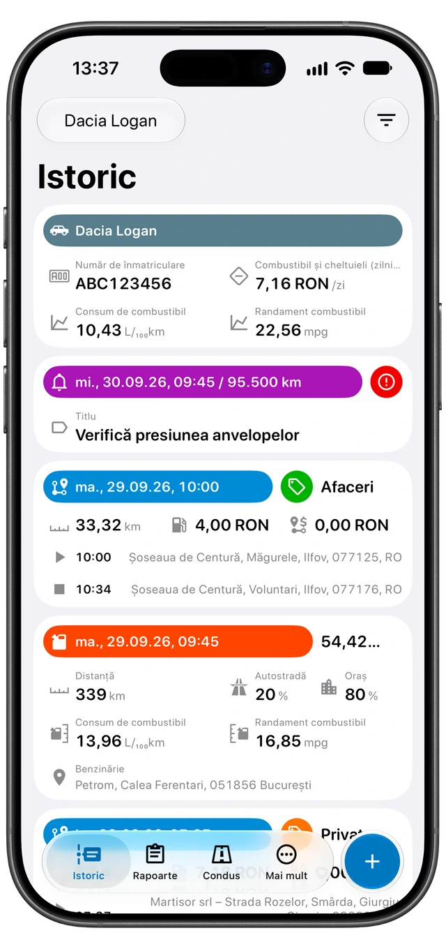 Istoricul Motolog cu călătorii etichetate ca fiind de serviciu și personale. (iOS)
