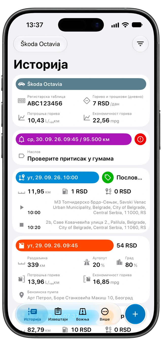 Istorija u Motologu sa poslovnim i privatnim oznakama vožnje. (iOS)