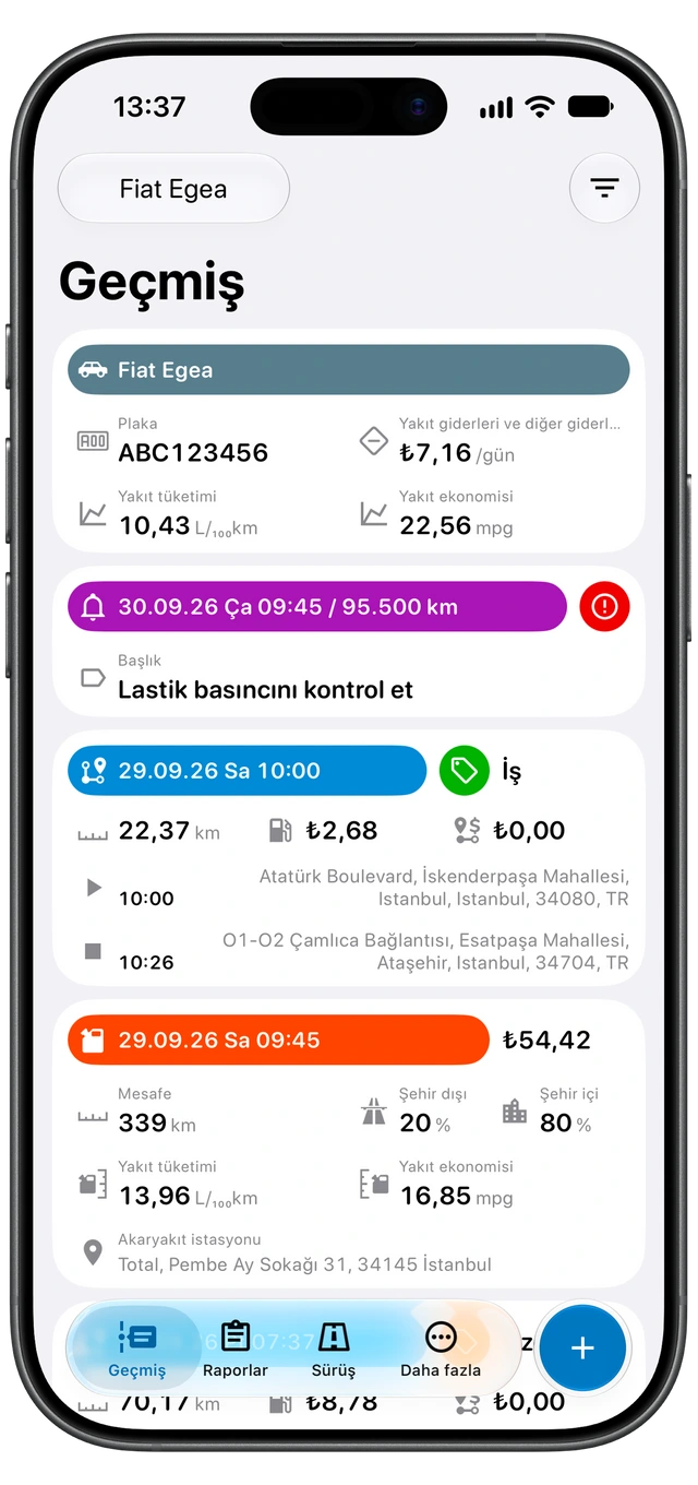 İş ve kişisel etiketli sürüşleri gösteren Motolog Geçmiş ekranı. (iOS)