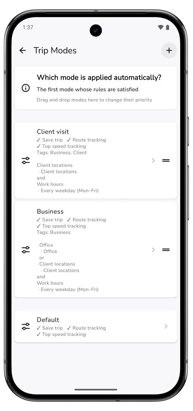 Trip Modes with Client visit above Business and reorder controls visible. (Android)