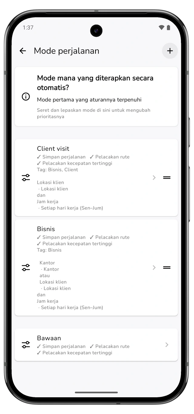 Mode perjalanan dengan Client visit di atas Bisnis serta kontrol pengurutan yang terlihat. (Android)