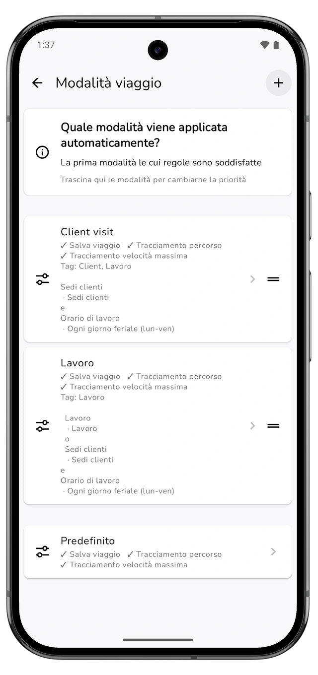 Modalità viaggio con Visita cliente sopra Lavoro e comandi di riordinamento visibili. (Android)