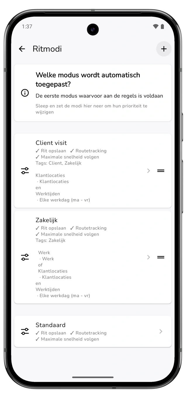 Ritmodi met een klantbezoekmodus boven de algemene zakelijke modus en zichtbare volgorde-instellingen. (Android)