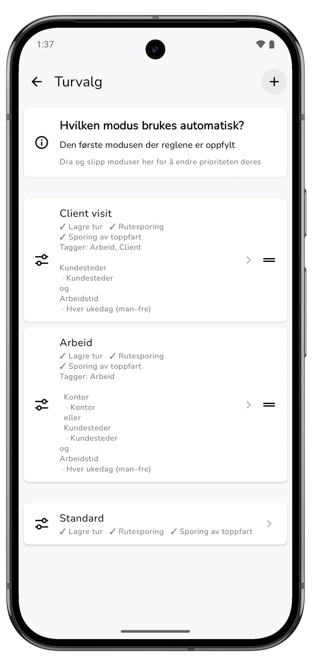 Turvalg med kundebesøk over generell jobbmodus og synlig endring av rekkefølgen. (Android)