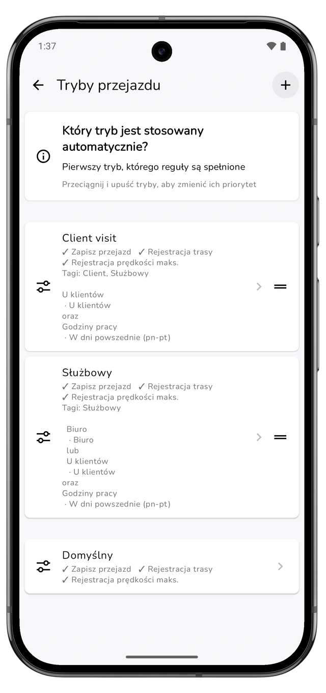 Lista trybów przejazdu z wizytą u klienta nad ogólnym trybem służbowym oraz widoczną możliwością zmiany kolejności. (Android)