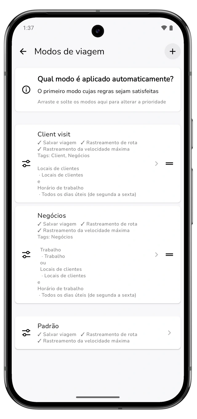 Modos de viagem com Visita a cliente acima de Profissional e controles de reordenação visíveis. (Android)