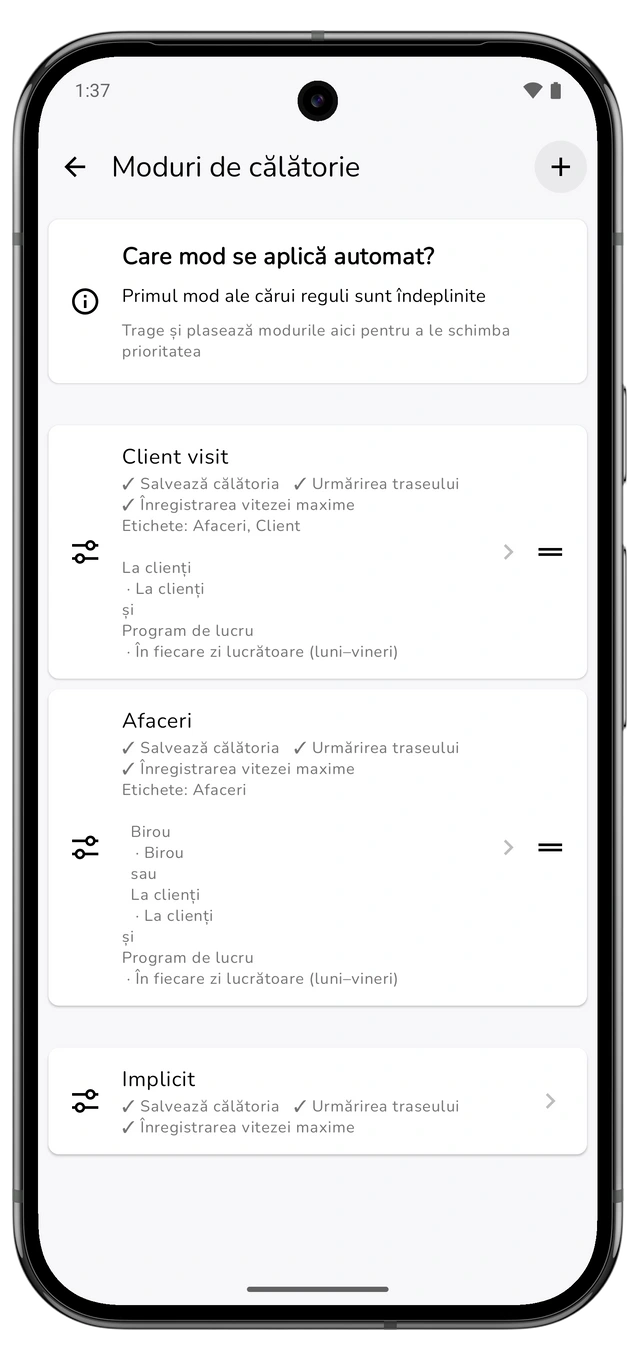 Lista modurilor de călătorie cu vizita la client deasupra modului general de serviciu și comenzile pentru schimbarea ordinii. (Android)