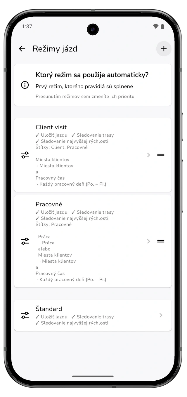 Režimy jázd s návštevou klienta nad všeobecným pracovným režimom a viditeľnými ovládacími prvkami poradia. (Android)