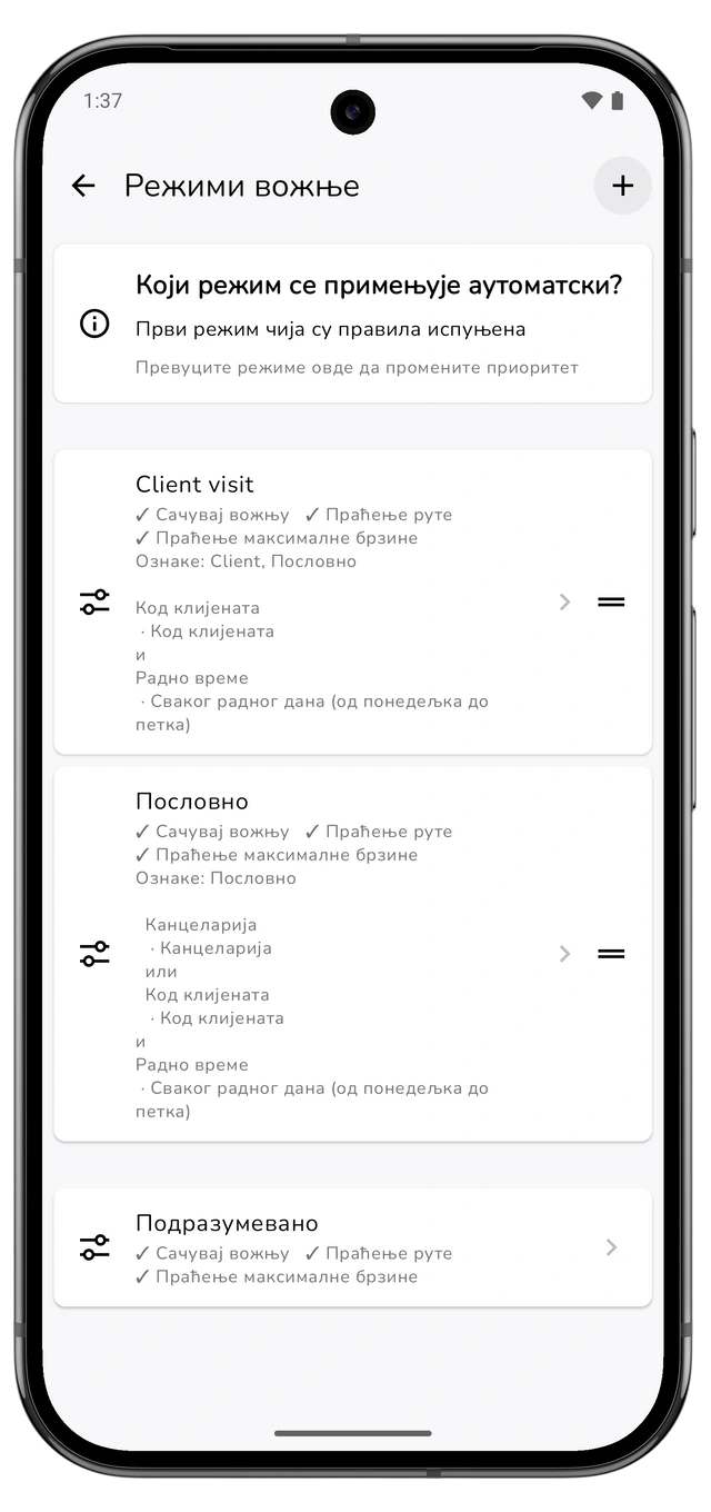 Režimi vožnje s režimom za posetu klijentu iznad poslovnog režima i vidljivim kontrolama promene redosleda. (Android)