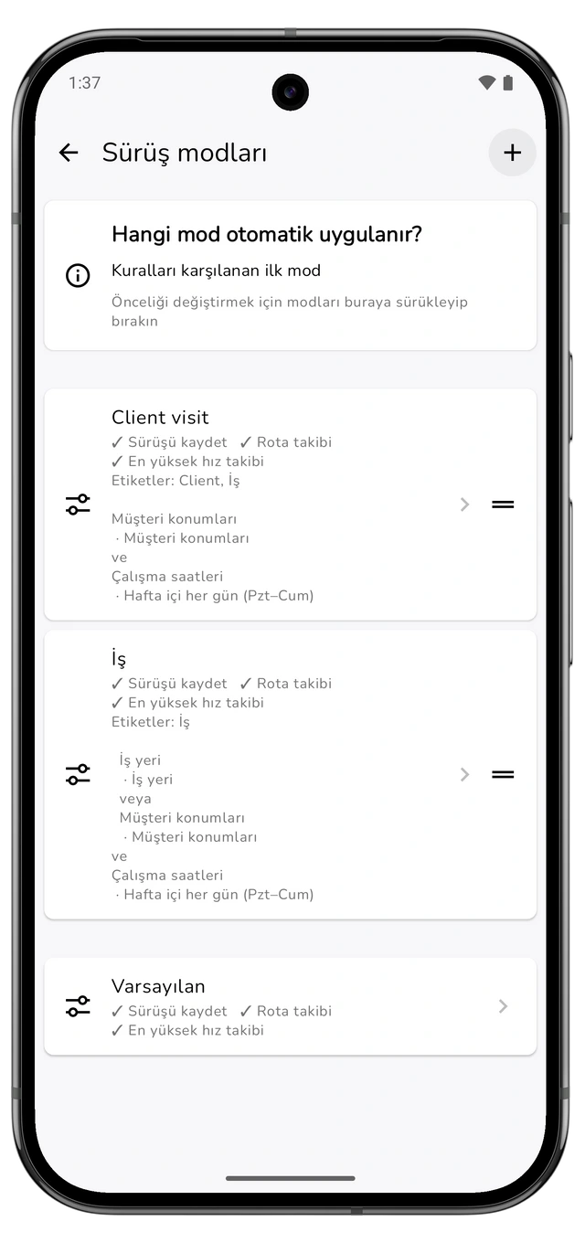 Müşteri ziyareti modunun iş modunun üstünde olduğu ve sıralama kontrollerinin göründüğü Sürüş modları. (Android)