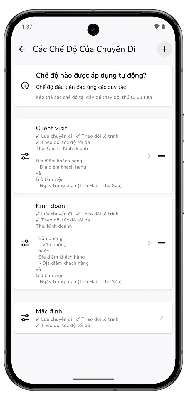 Danh sách chế độ với Client visit ở trên Kinh doanh và các nút đổi thứ tự. (Android)